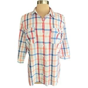 Croft & Barrow Plaid Button Down Short Sleeve Shirt Womens XL 100% Cotton Casual